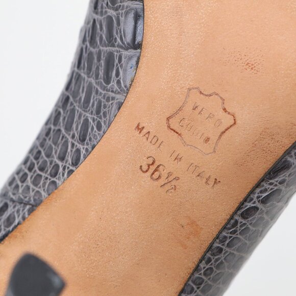 Vintage David' Croco Embossed Leather Point Toe Pumps Grey 80s Italy - Picture 7 of 9